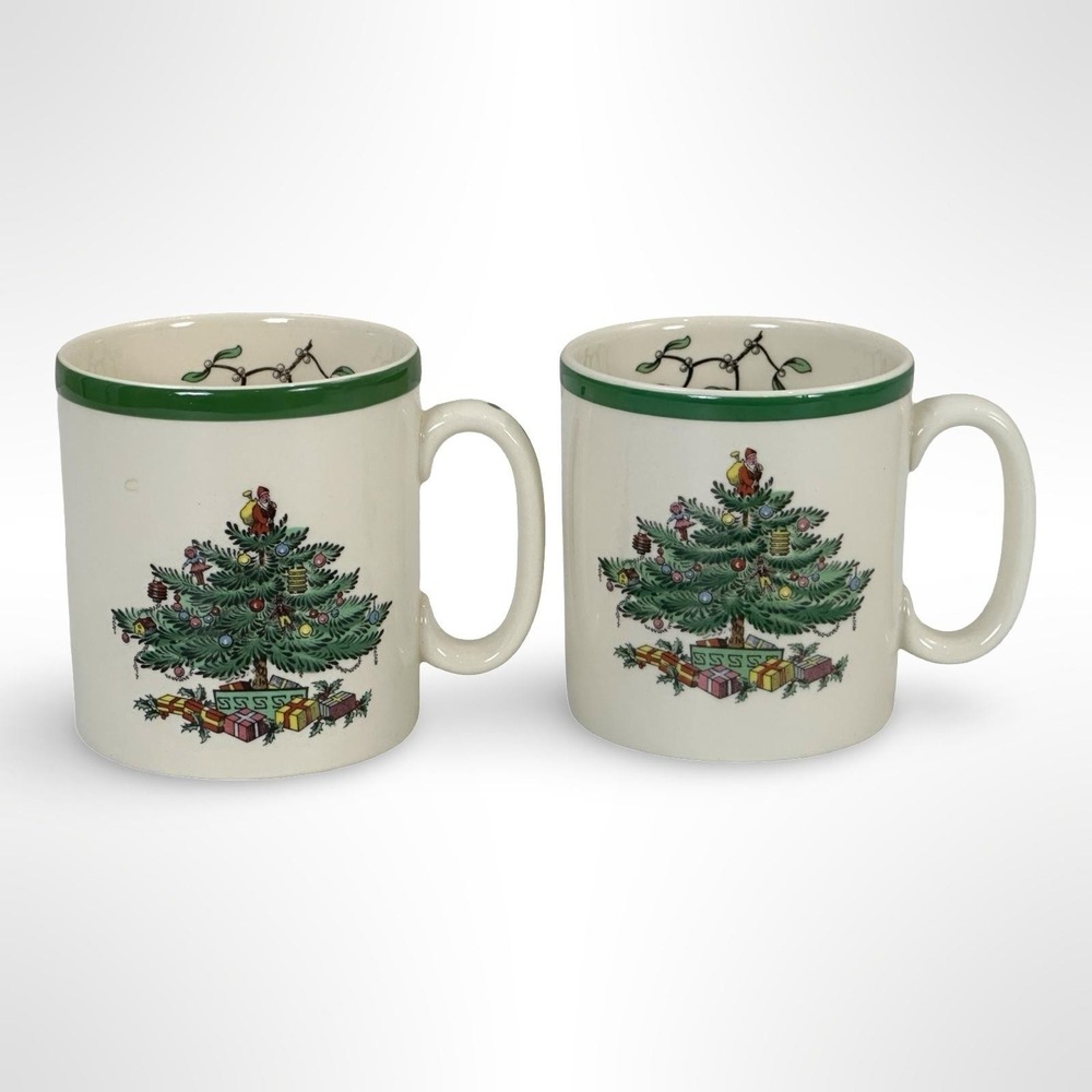 Spode Christmas Tree Coffee Mugs Set Of 2 England Holiday Ceramic Cups